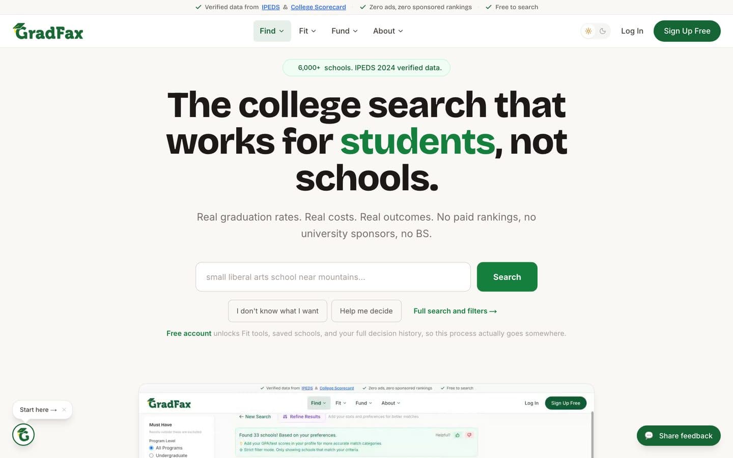GradFax college search product homepage